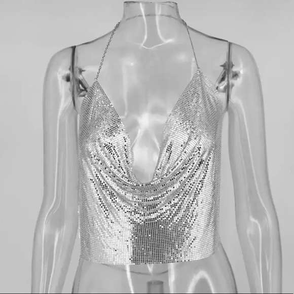 NEW! Silver Metal Mesh Halter Top - Picture 3 of 8